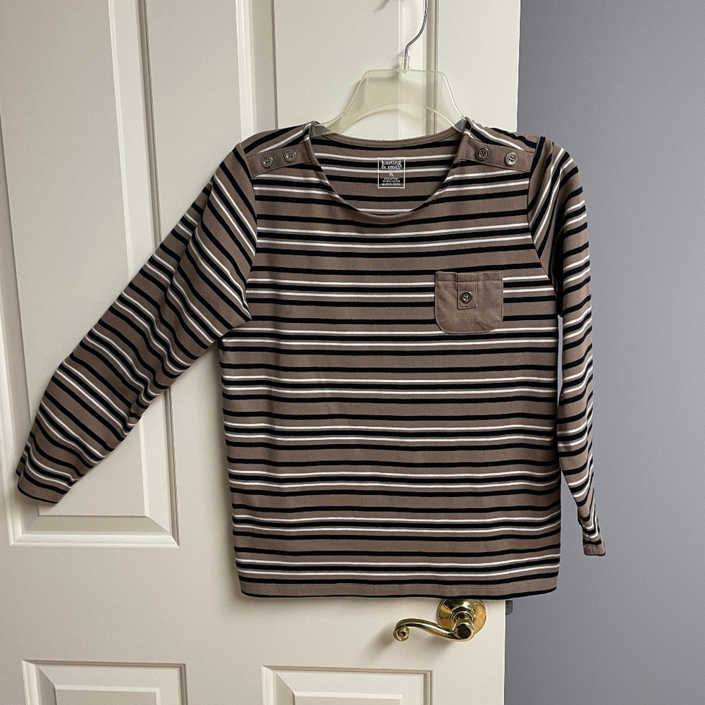 Hasting Smith Stripe Knit Blouse, Black Beige, Long Sleeve, Woman Petite…
